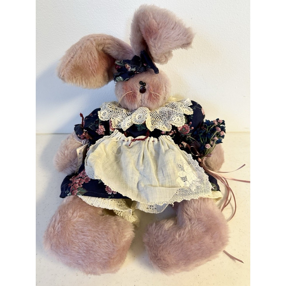 Hand Made Cottage Treasures Pink‎ Fur Stuffed Plush Bunny With Dress  Name Hope